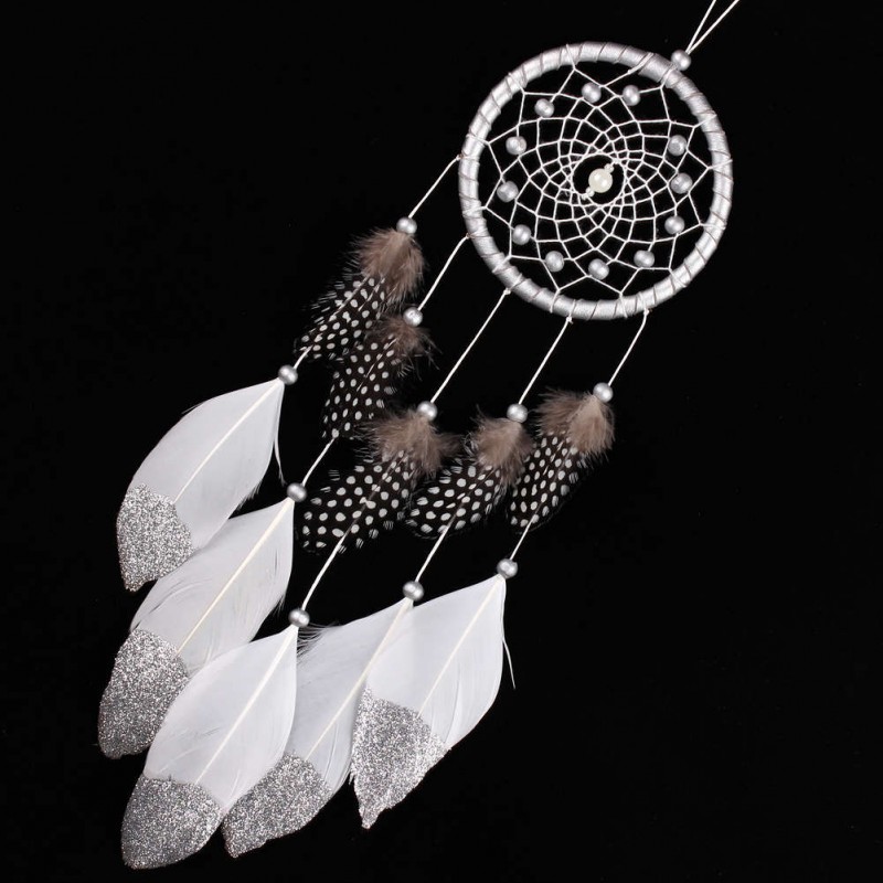 Silver Bead Dream Catcher with Feather Wall Hanging Decoration