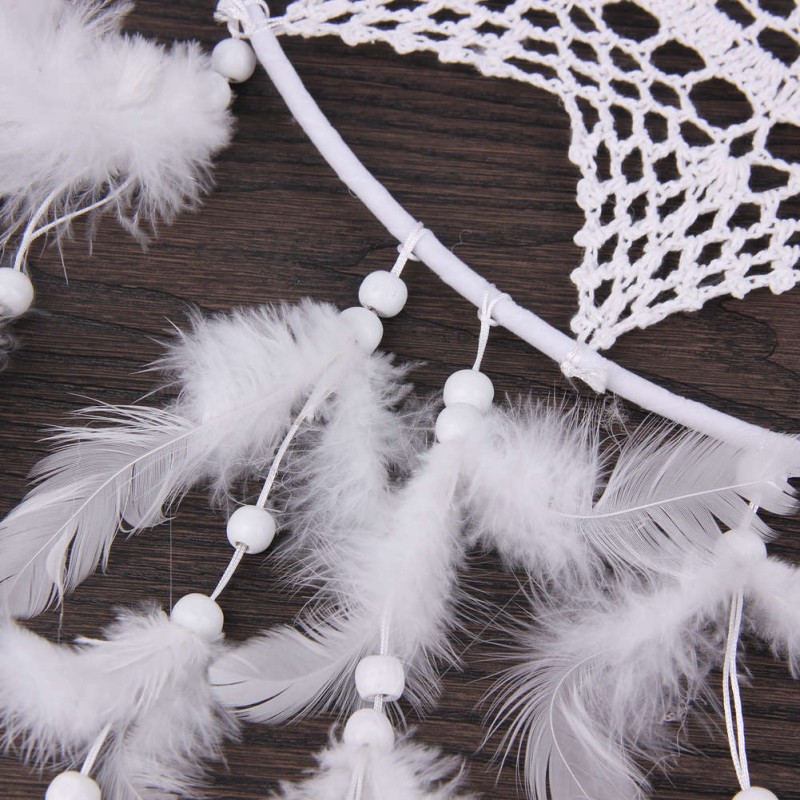 White Hook Flower Dream Catcher Feather Bead Hanging Decor Ornament