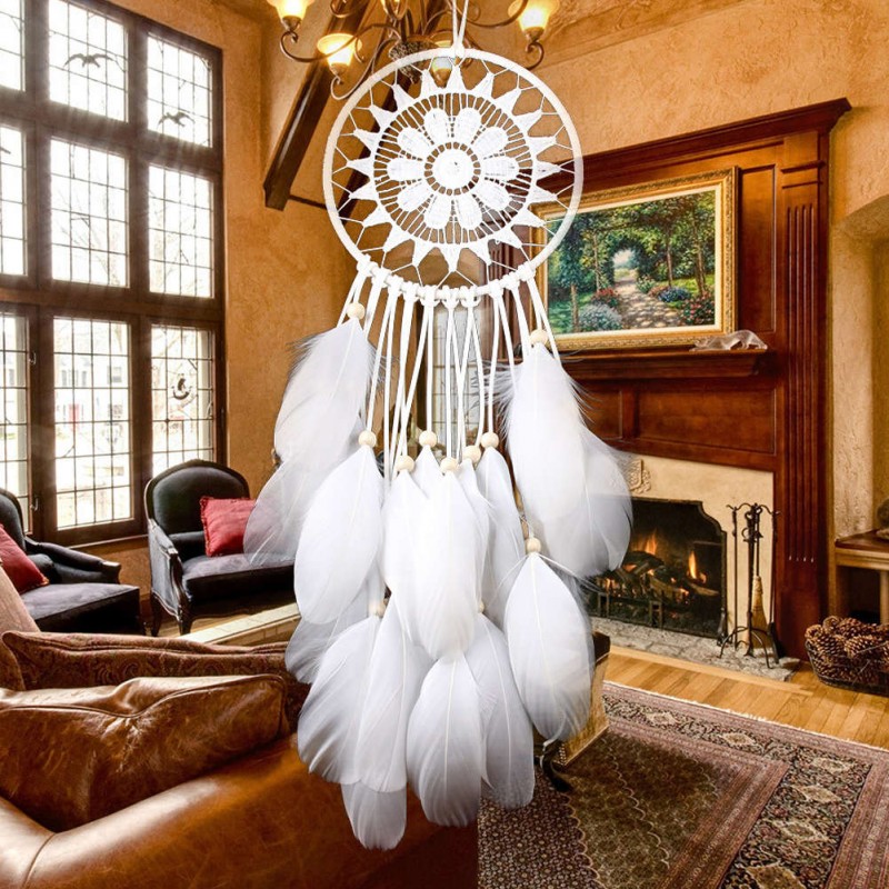 White Lace Flowers Dream Catcher Feather Bead Hanging Decor Ornament