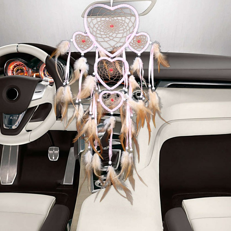 Five-rings Hearts Dream Catcher Wall Hanging Home Car Decor Craft Pink