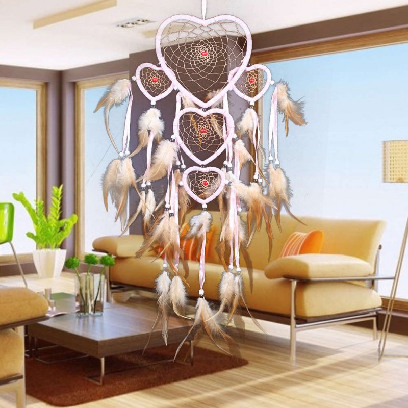 Five-rings Hearts Dream Catcher Wall Hanging Home Car Decor Craft Pink