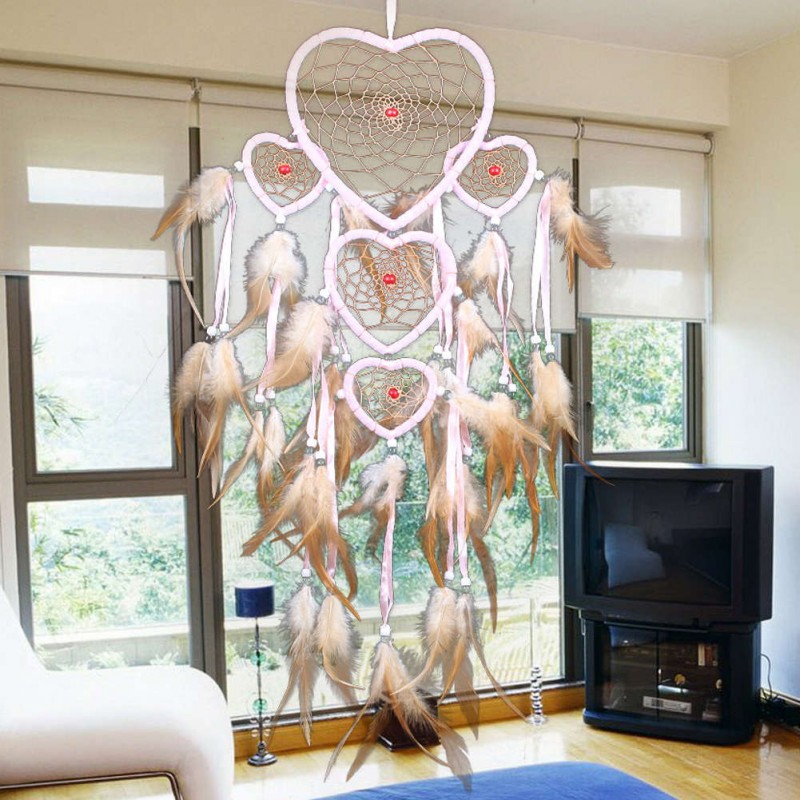 Five-rings Hearts Dream Catcher Wall Hanging Home Car Decor Craft Pink