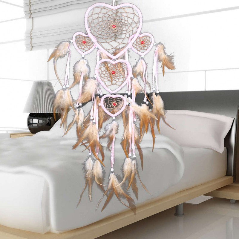 Five-rings Hearts Dream Catcher Wall Hanging Home Car Decor Craft Pink