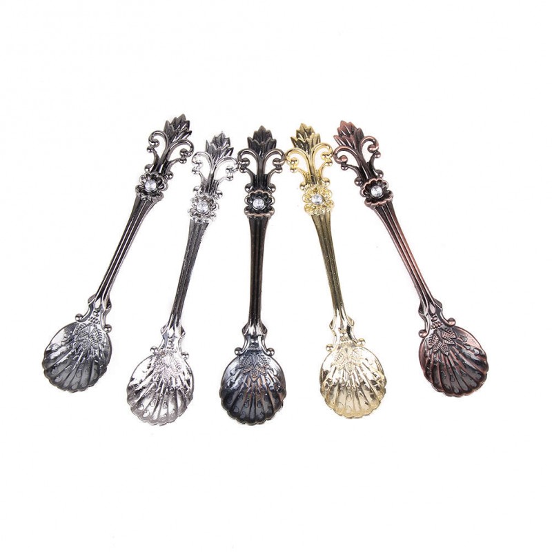 5Pcs Bronze Carved Small Coffee Spoon Flatware Cutlery Mini Dessert Spoons