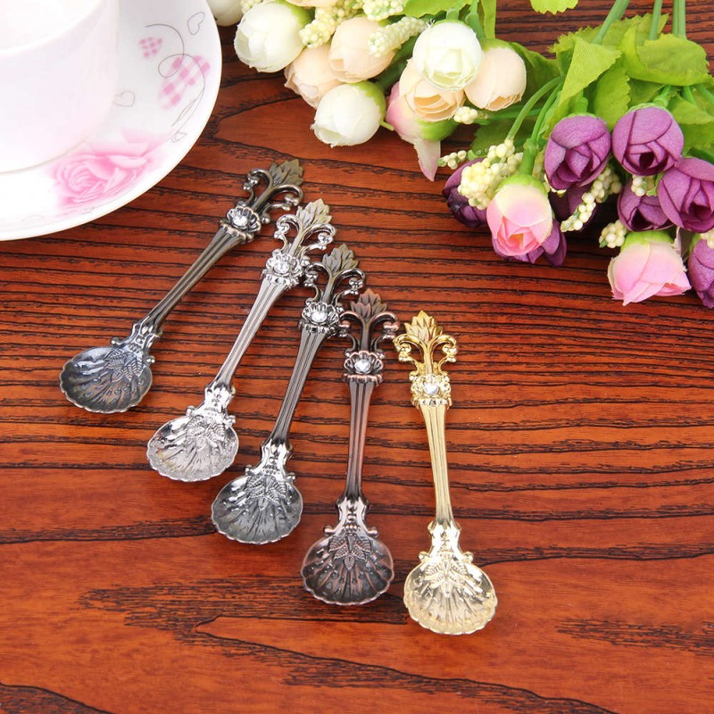 5Pcs Bronze Carved Small Coffee Spoon Flatware Cutlery Mini Dessert Spoons