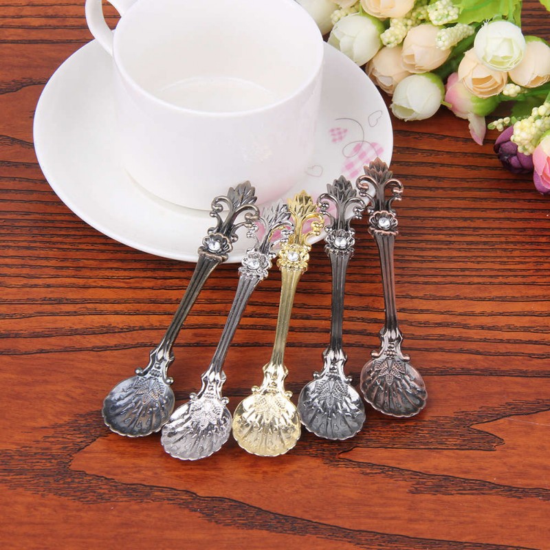 5Pcs Bronze Carved Small Coffee Spoon Flatware Cutlery Mini Dessert Spoons