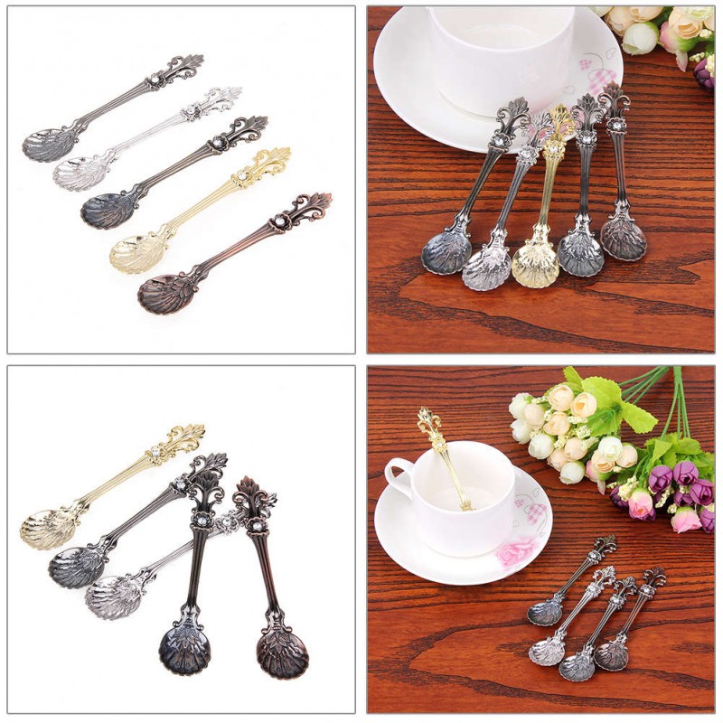 5Pcs Bronze Carved Small Coffee Spoon Flatware Cutlery Mini Dessert Spoons