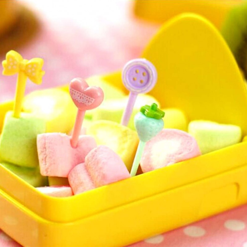 8Pcs/set Cute Candy Color Serie Button Bow Lunch Decoration Mini Fruit Fork