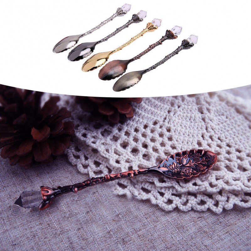 5pcs Crystal Head Retro Pattern Alloy Spoon Ice Cream Coffee Spoon Scoops