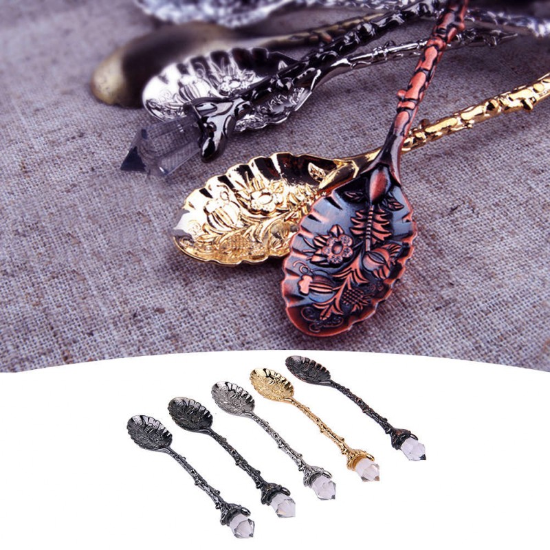 5pcs Crystal Head Retro Pattern Alloy Spoon Ice Cream Coffee Spoon Scoops