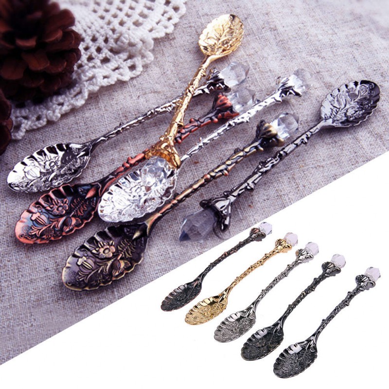 5pcs Crystal Head Retro Pattern Alloy Spoon Ice Cream Coffee Spoon Scoops