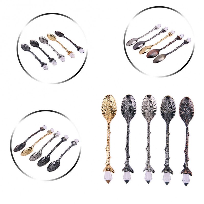 5pcs Crystal Head Retro Pattern Alloy Spoon Ice Cream Coffee Spoon Scoops