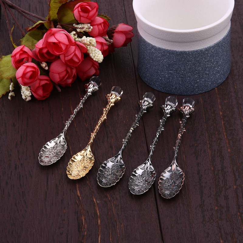 5pcs Crystal Head Retro Pattern Alloy Spoon Ice Cream Coffee Spoon Scoops