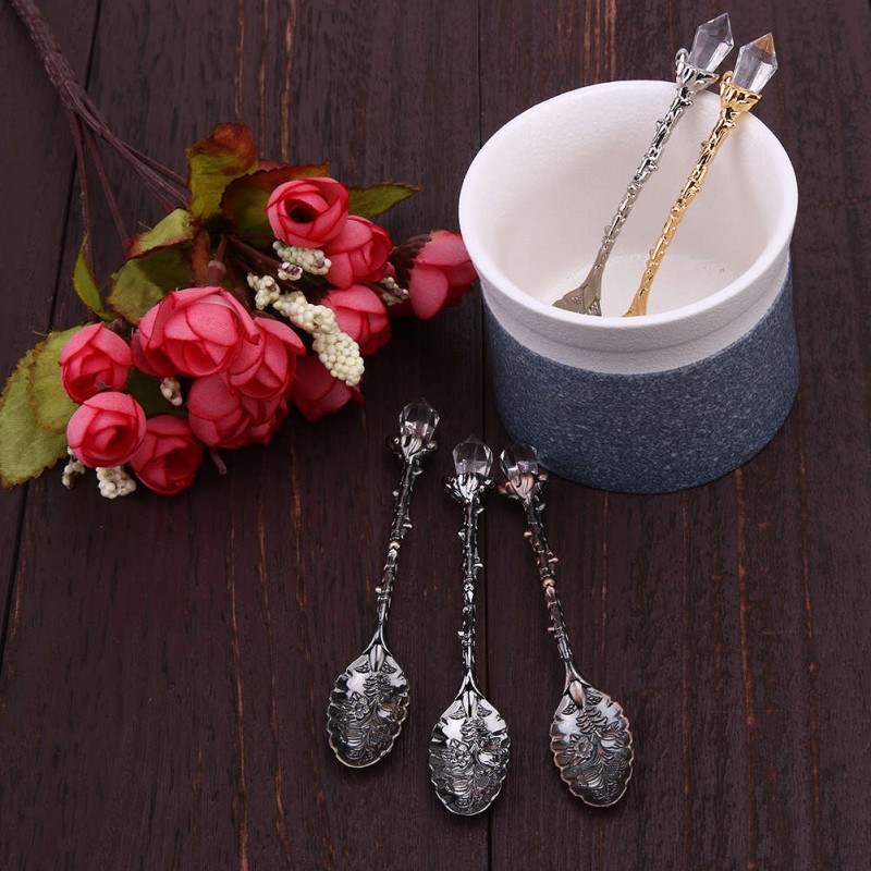 5pcs Crystal Head Retro Pattern Alloy Spoon Ice Cream Coffee Spoon Scoops