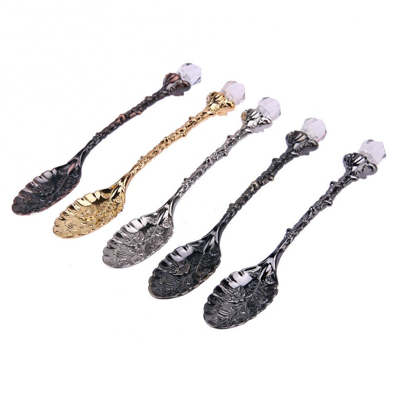 5pcs Crystal Head Retro Pattern Alloy Spoon Ice Cream Coffee Spoon Scoops