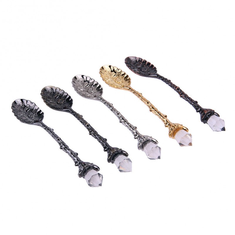 5pcs Crystal Head Retro Pattern Alloy Spoon Ice Cream Coffee Spoon Scoops