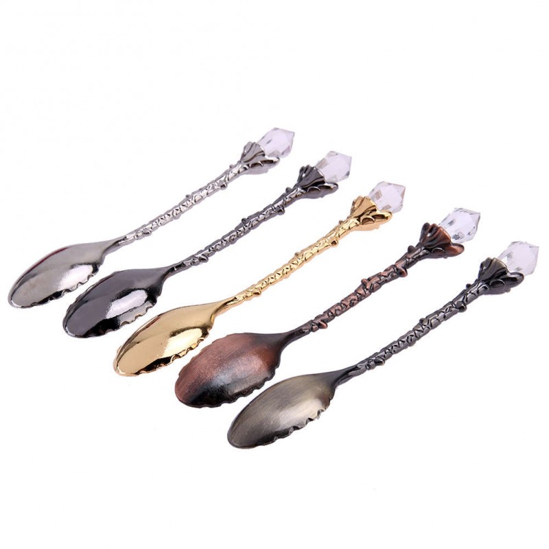 5pcs Crystal Head Retro Pattern Alloy Spoon Ice Cream Coffee Spoon Scoops