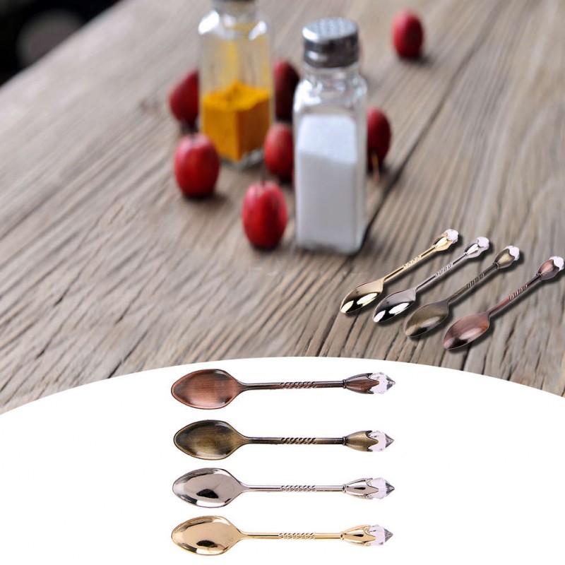 4pcs Gold Silver Bronze Copper Vintage Style Crystal Head Dessert Spoon