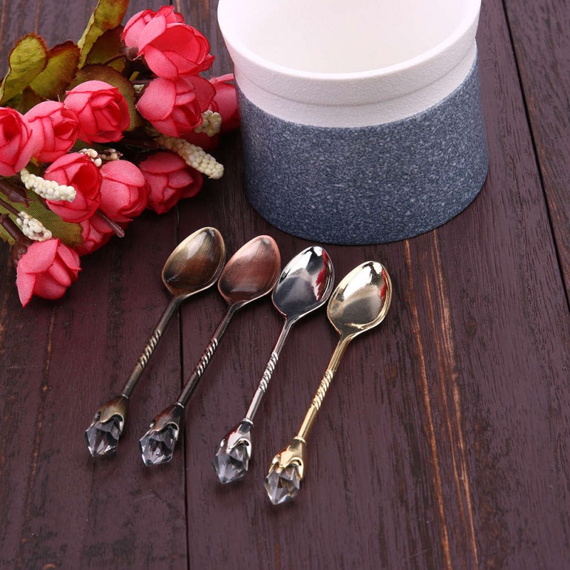 4pcs Gold Silver Bronze Copper Vintage Style Crystal Head Dessert Spoon