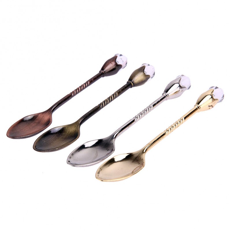 4pcs Gold Silver Bronze Copper Vintage Style Crystal Head Dessert Spoon