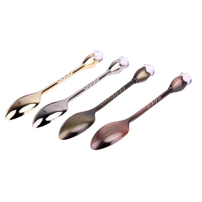 4pcs Gold Silver Bronze Copper Vintage Style Crystal Head Dessert Spoon