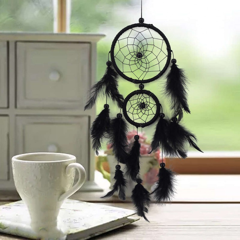 Double Ring Black Feather Dream Catcher Wall Hanging Home Car Decor Craft