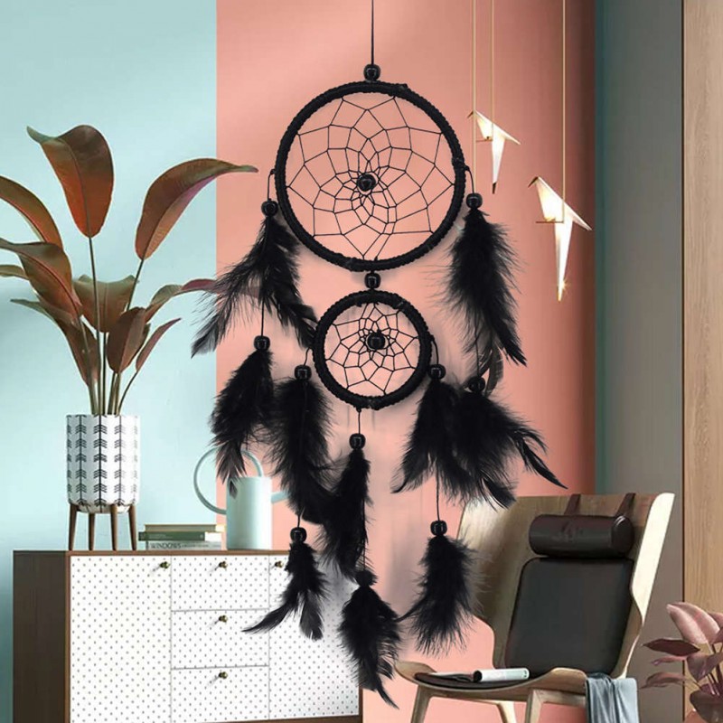 Double Ring Black Feather Dream Catcher Wall Hanging Home Car Decor Craft