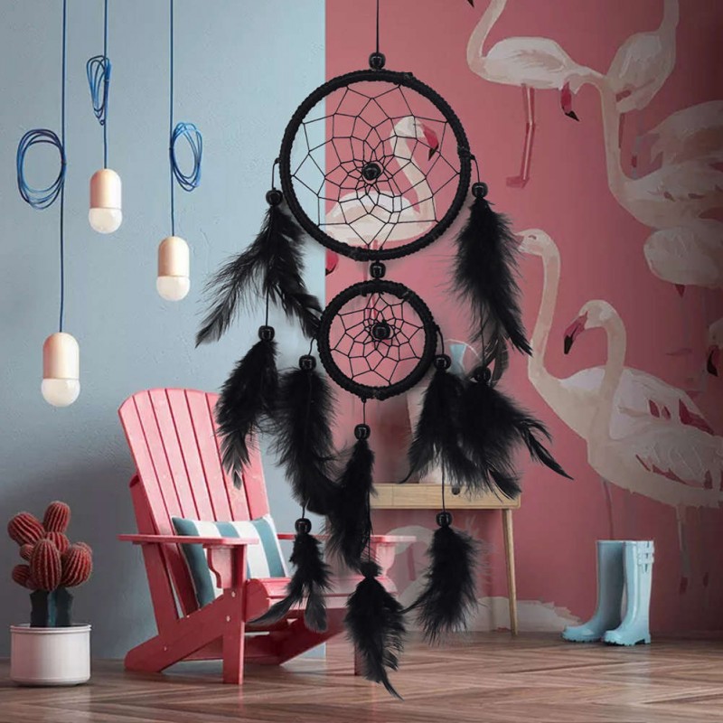 Double Ring Black Feather Dream Catcher Wall Hanging Home Car Decor Craft