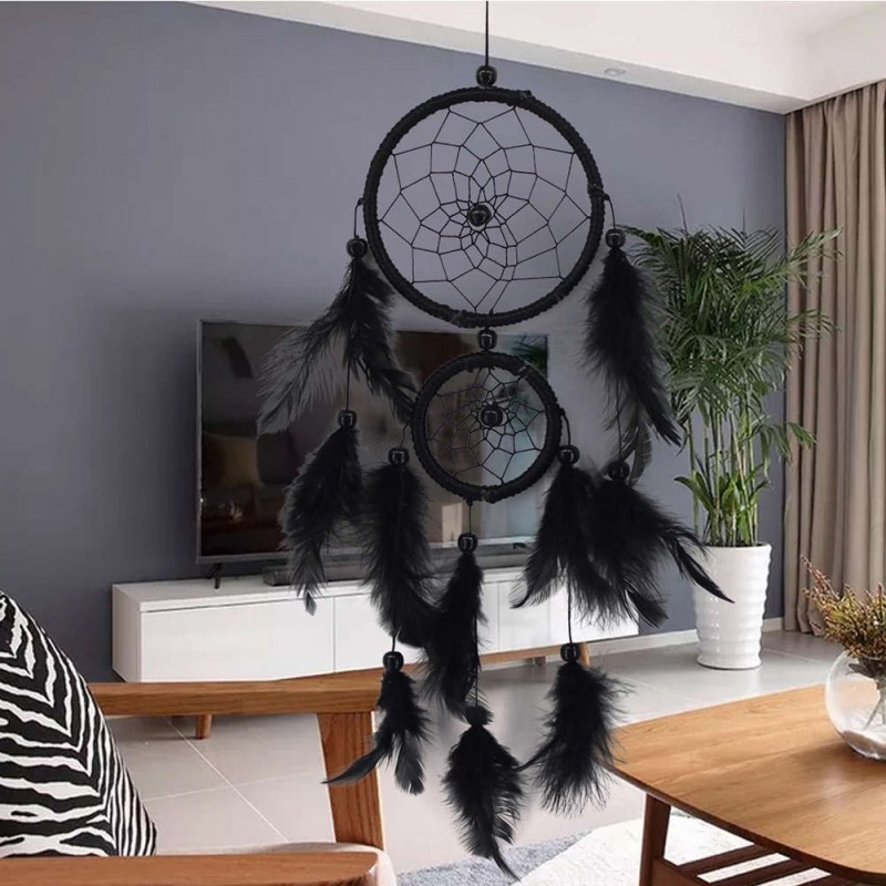 Double Ring Black Feather Dream Catcher Wall Hanging Home Car Decor Craft