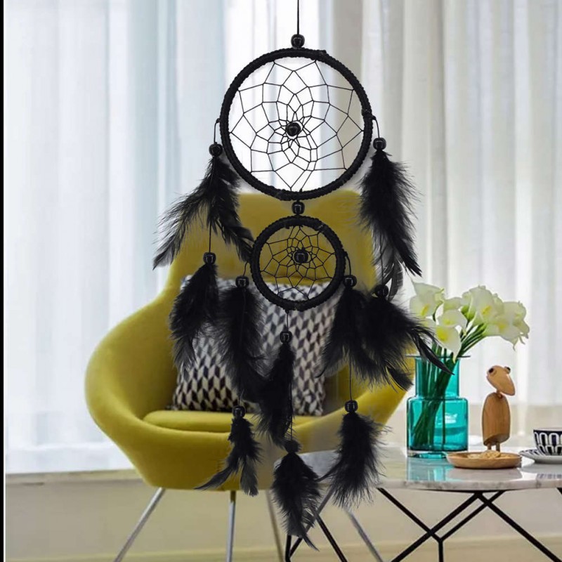 Double Ring Black Feather Dream Catcher Wall Hanging Home Car Decor Craft