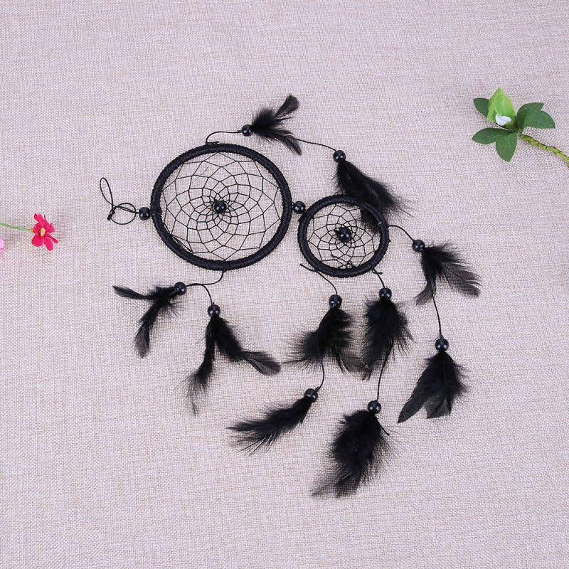 Double Ring Black Feather Dream Catcher Wall Hanging Home Car Decor Craft