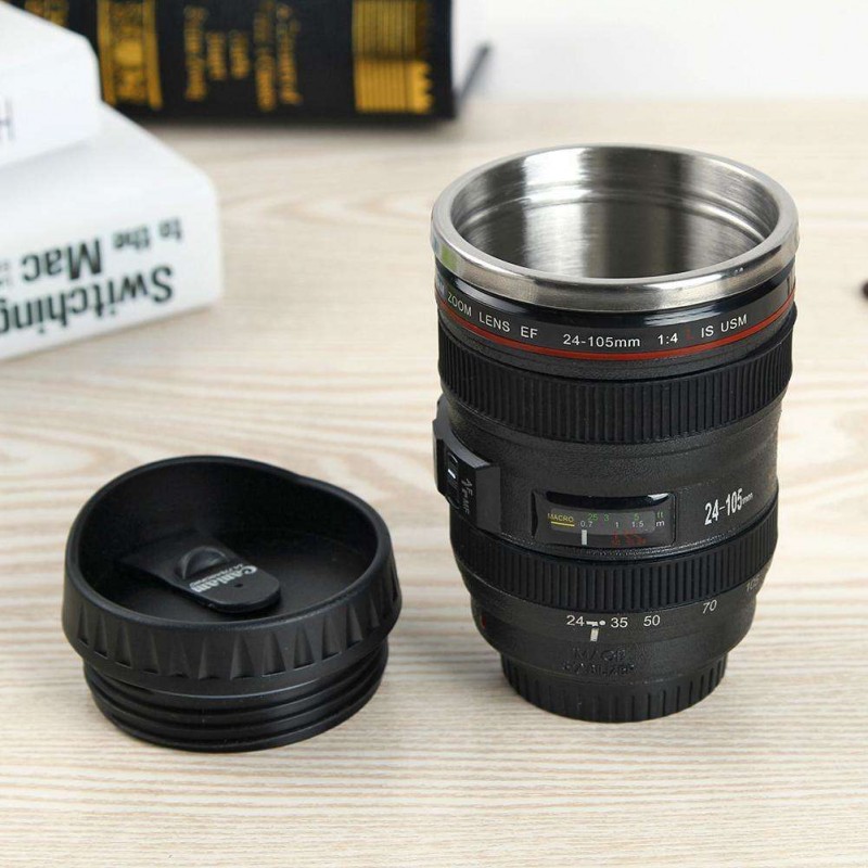 350mL Camera Lens Shape Coffee Tea Mug with Lid Vacuum Flasks Thermal Cup