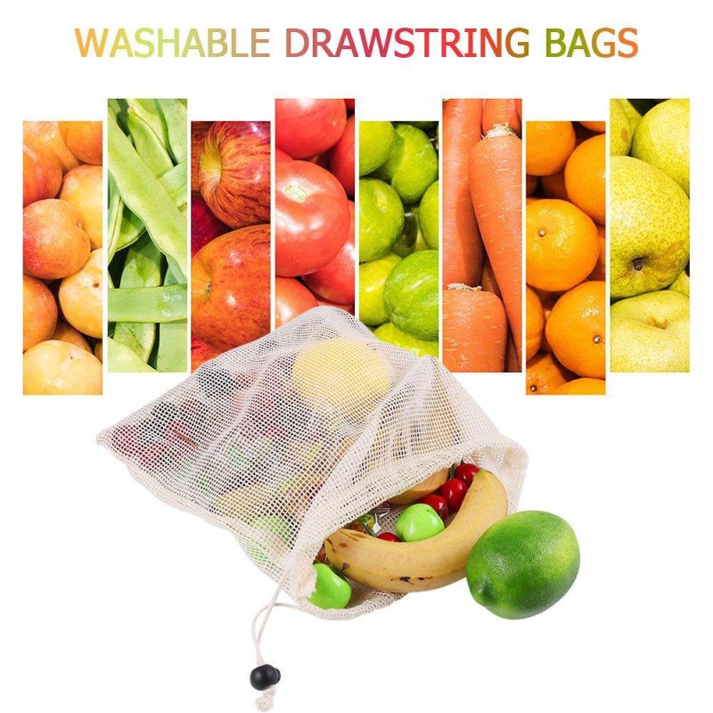 Reusable Organic Cotton Vegetable Mesh Bag Washable Fruit Drawstring Bags