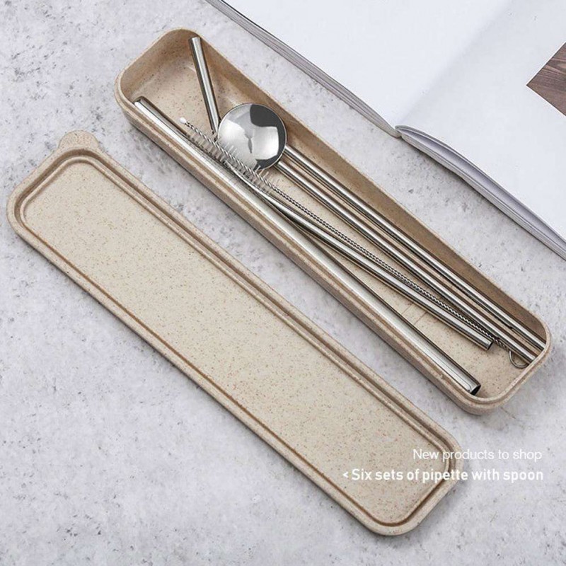 Reusable Coffee Tea Straw Set with Cleaning Brush Spoon