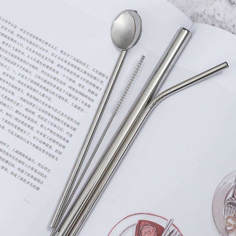 Reusable Coffee Tea Straw Set with Cleaning Brush Spoon