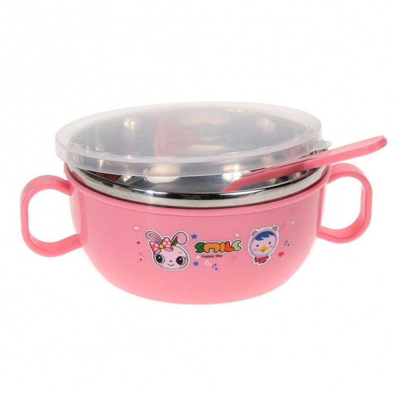 Children Kids handle Soup bowl Container Dish Nonslip Pink