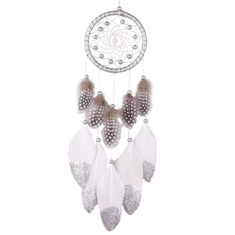 Silver Bead Dream Catcher with Feather Wall Hanging Decoration