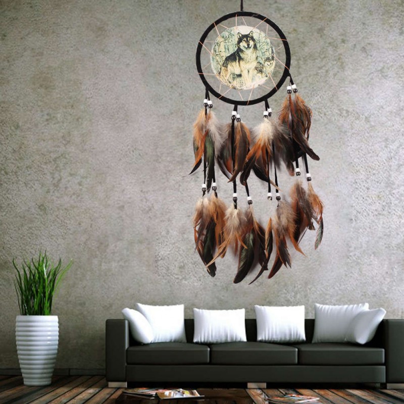 Wolf Totem Dream Catcher Feather Bead Hanging Decor Ornament
