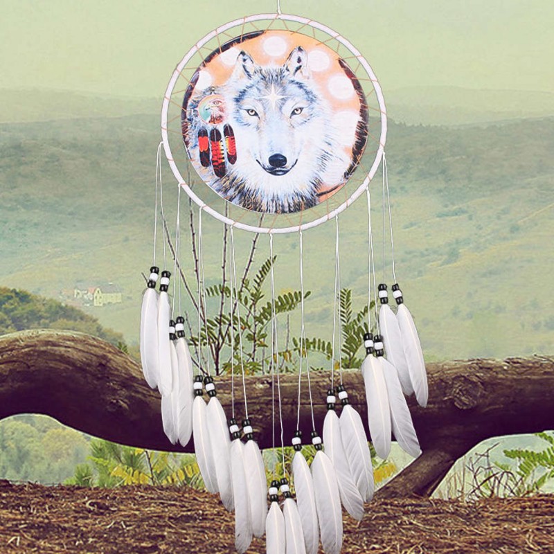 Wolf Printed Dream Catcher Net Feather Bead Dreamcatcher Hanging Ornament