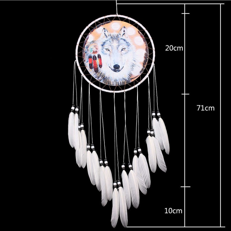 Wolf Printed Dream Catcher Net Feather Bead Dreamcatcher Hanging Ornament