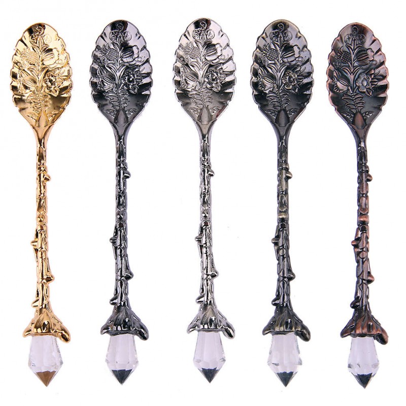 5pcs Crystal Head Retro Pattern Alloy Spoon Ice Cream Coffee Spoon Scoops