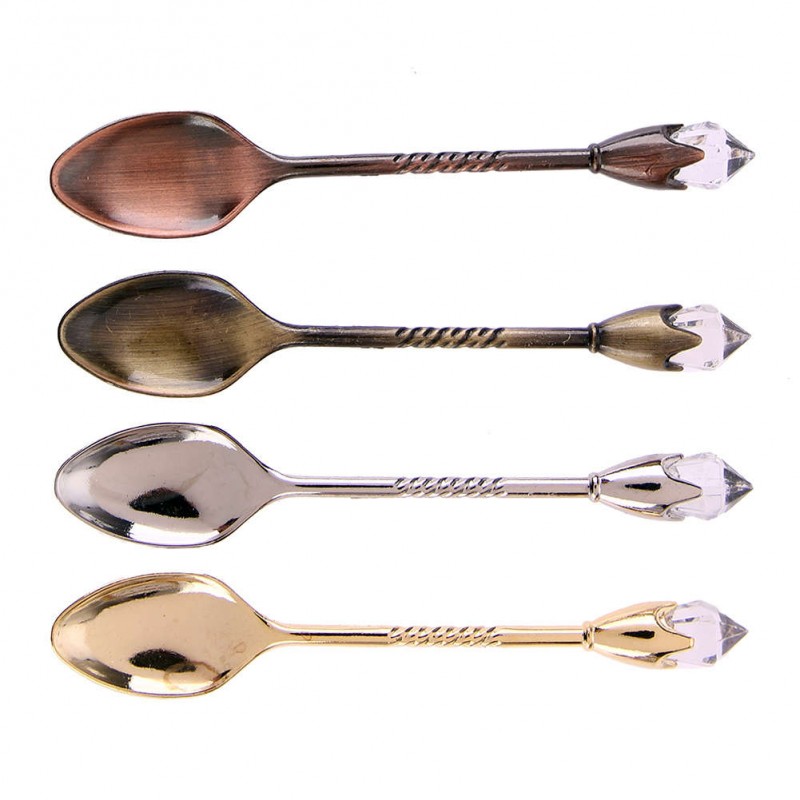 4pcs Gold Silver Bronze Copper Vintage Style Crystal Head Dessert Spoon